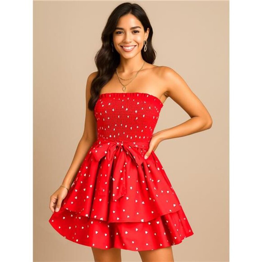 Smocked Heart Print Tube Dress